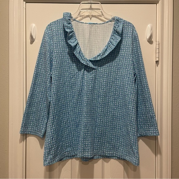 J. McLaughlin Durham Top Women’s Sz XL Blue Catalina Cloth Ruffle 3/4 Sleeve - Picture 1 of 8